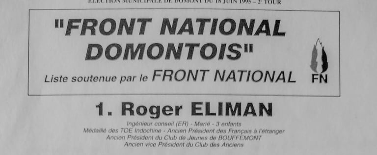 Tract de la liste « Front National Domontois » menée par Roger Eliman aux municipales de 1995
