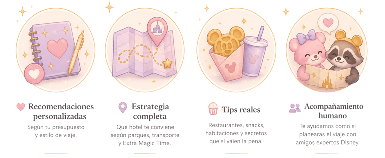 Disney travel planning guide icons showing personalized recommendations, strategy maps, snacks, and human support.