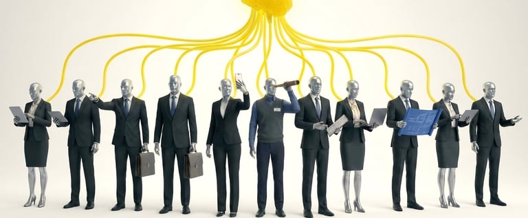 Professional silver mannequins in business suits connected to a glowing yellow brain representing collective intelligence.