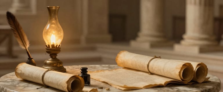 Ancient Roman study with scrolls and oil lamp evoking Stoic journaling practice of self-examination