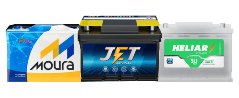 Três baterias automotivas alinhadas, apresentando as marcas Jet, Heliar e Moura em seus rótulos.