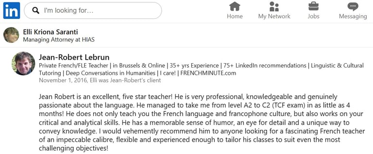 E. Saranti's testimonial on LinkedIn | J.-R. Lebrun, French teacher | Brussels, av. Couronne, bus 95