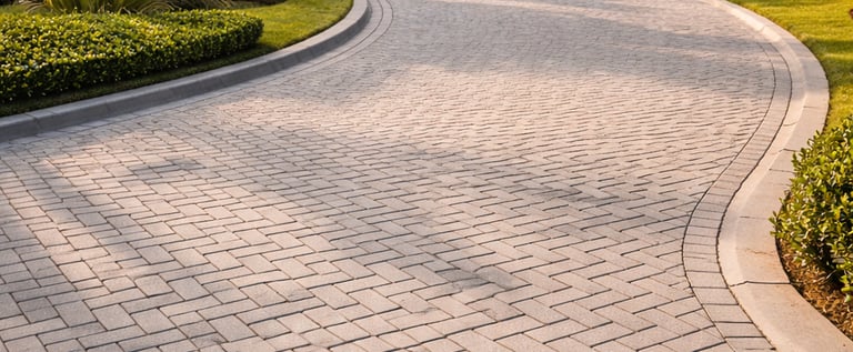 Rua de condomínio de alto padrão pavimentada com paver de concreto em loteamento residencial