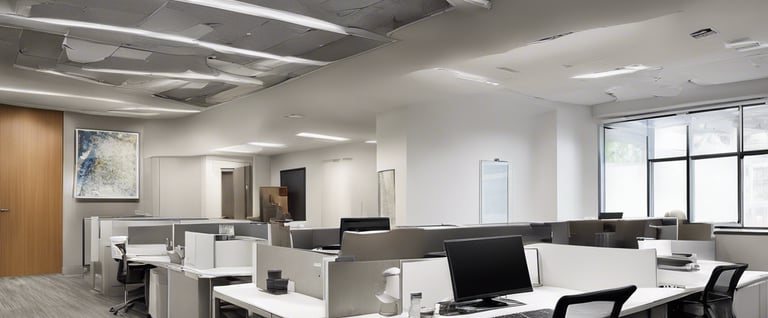 a large recently renovated open office with a desk and chairs