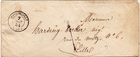 1854: Lettre de MOULINLILLE pour LILLE. Taxe "1" décime de fabrication locale.