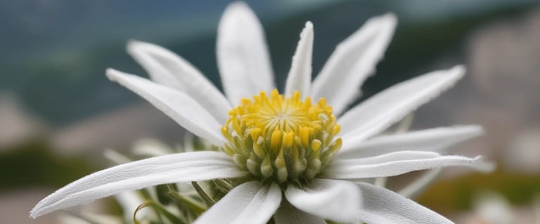 Close-up of a delicate edelweiss flower blooming amidst rugged alpine rocks under soft sunlight.