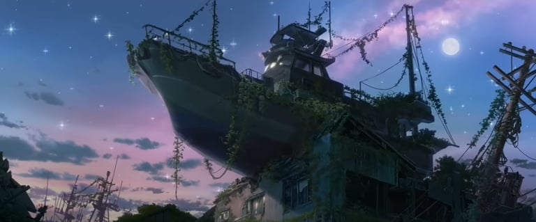 screenshot from suzume, a boat rests on a house in the ever-after