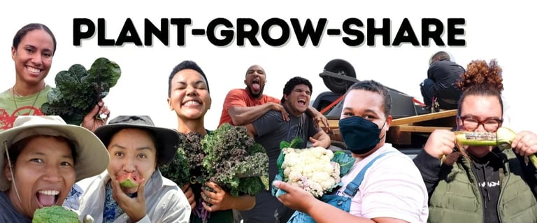 Diverse community gardeners holding fresh produce under a Plant-Grow-Share banner for urban agriculture.