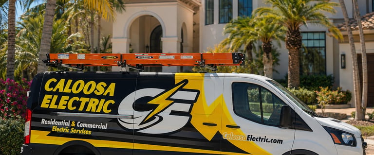 Caloosa Electric service van parked at a luxury residential home for electrical repairs.