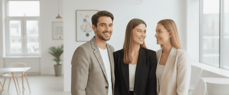 Un grupo de tres personas sonrientes, un hombre y dos mujeres posando en un espacio luminoso