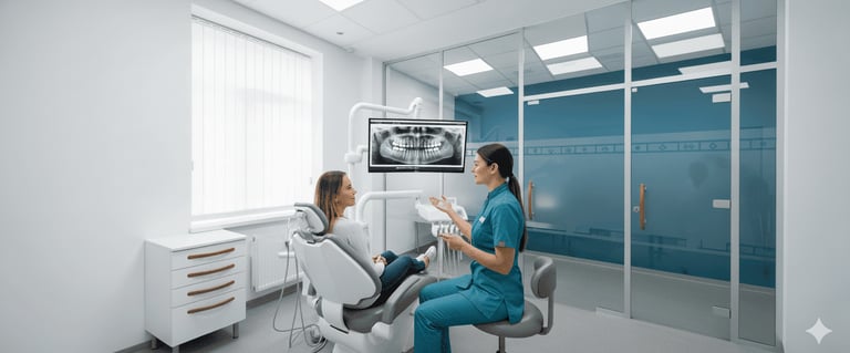 Una odontóloga explicando una radiografía dental digital a una paciente sentada en el sillón