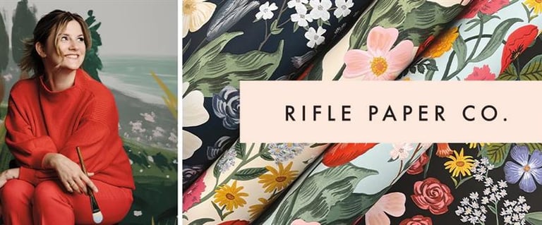 Artist Anna Bond with colorful Rifle Paper Co floral wallpaper designs and botanical patterns.