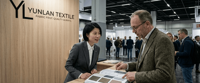 Yunlan Textile booth at a trade show; a representative presents fabric samples to a visitor.