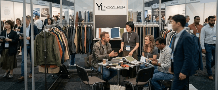 People discussing fabric samples at the Yunlan Textile trade show booth with outdoor clothing displays