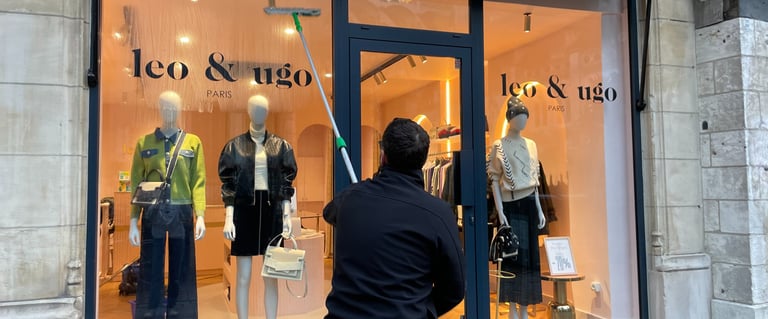 Technicien de M & M Services Pro nettoyant la vitrine de la boutique Léo et Ugo à Rouen avec une rac