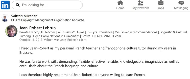 LinkedIn recommendation for Jean-Robert Lebrun, a professional French teacher in Brussels & Online
