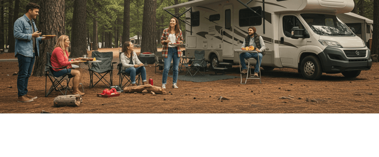 a group of people sitting around a campervan
