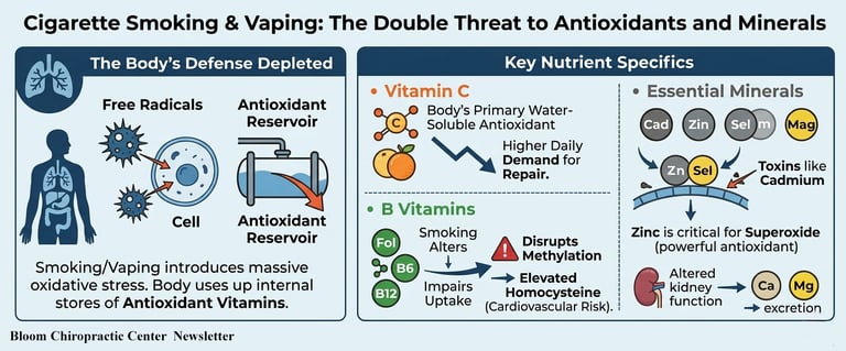 Infographic explaining how cigarette smoking and vaping deplete antioxidants, vitamins, and minerals in the body.