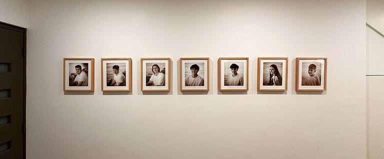 7 framed prints all in a row on the wall