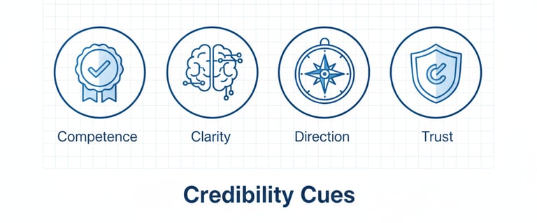 Minimal icon set representing credibility cues investors look for: competence, clarity, direction, a