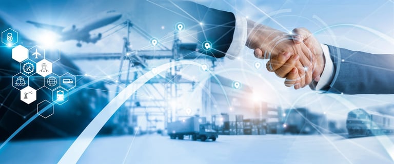 Handshake with Various Means of Transportation in Background