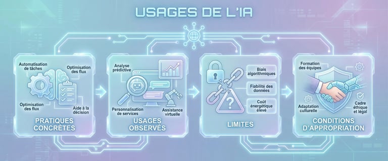 Infographie montrant les usages de l'IA, de l'automatisation aux limites éthiques et conditions d'appropriation.