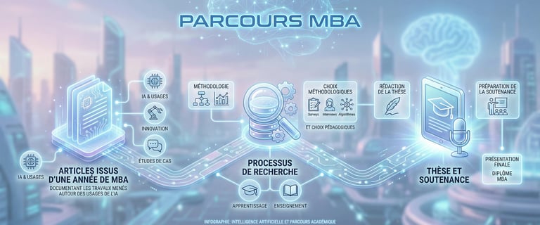 Infographic showing the MBA journey from AI research and methodology to final thesis defense in a futuristic city.