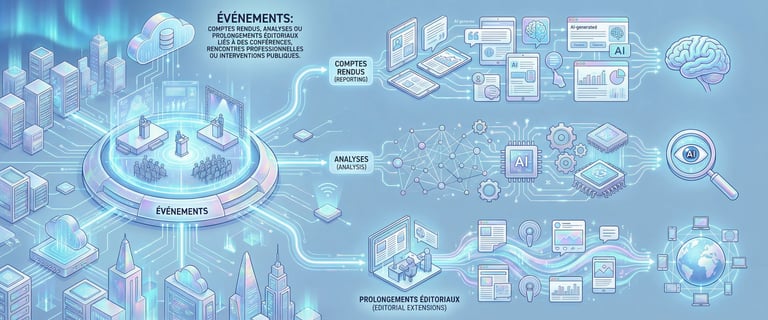 Isometric illustration of AI content generation for events, data analysis, and editorial extensions.