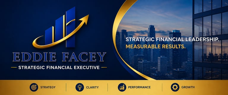 Eddie Facey strategic financial executive banner with a growth chart logo over a city skyline background.