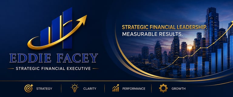 Eddie Facey strategic financial executive banner featuring a city skyline, growth charts, and leadership icons.