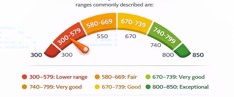 Infographic showing credit score ranges from poor to exceptional on a colorful gauge meter.