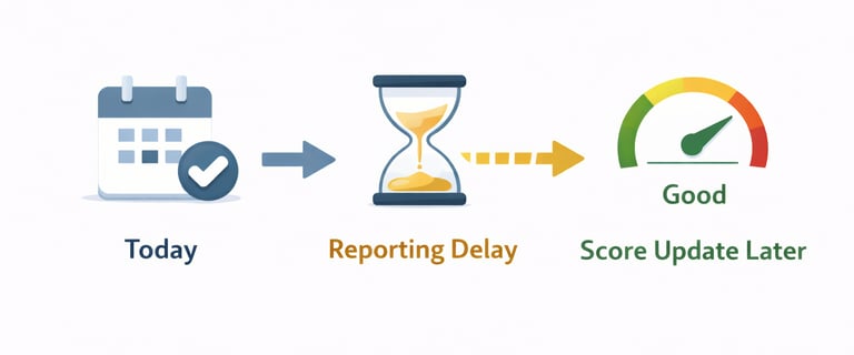 timeline showing delay between credit activity reporting and score updates in monitoring tools