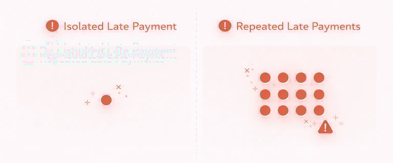 visual comparison showing isolated missed payment versus repeated payment patterns over time
