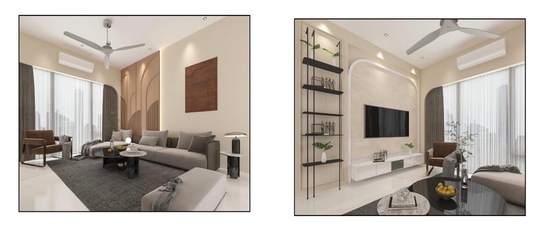 Modern luxury living room interior design at Mahagun Moderne, Noida Sector 78 by Elite Studios