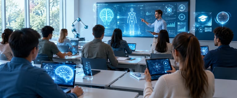 University students learning with artificial intelligence in a modern smart classroom using AI-power