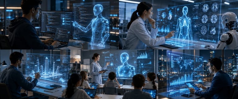 A collage showing engineers and doctors using blue holographic AI interfaces for coding, medical scans, and education.