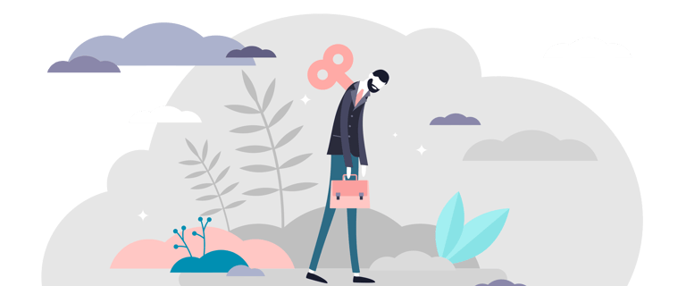 Illustration of a tired businessman with a wind-up key in his back, representing workplace burnout.