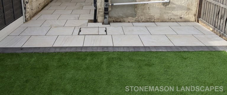 Small Budget Garden Makeover Porcelain Slabs, Artificial Grass & Grey Painted Fence
