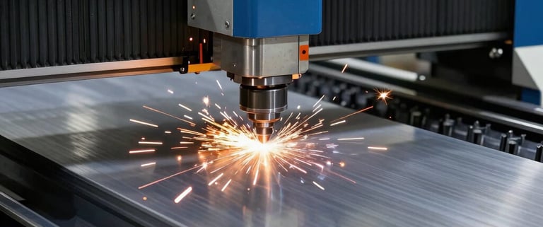A high-precision CNC laser cutting machine in a Brazilian factory, sparks flying as it cuts through a thick sheet of polished stainless steel, blue and grey metallic tones, professional industrial photography.