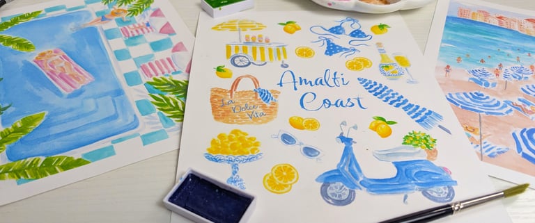 Watercolor art with girl in pool, Amalfi Coast blue and yellow icons and a beach scene with blue stripe umbrellas. 