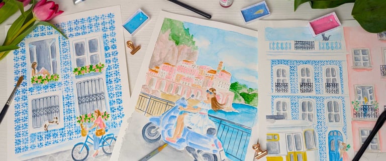 Flat lay with Watercolor Art featuring Italy and Portugal inspired art prints.