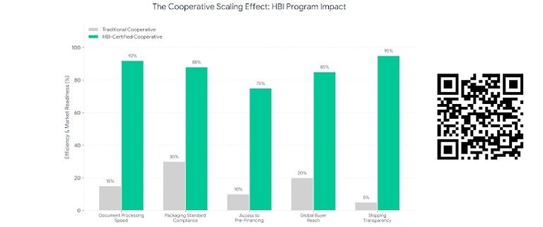 Bar chart comparing Traditional vs HBI-Certified performance in trade readiness, showing a 95% boost in shipping transparency