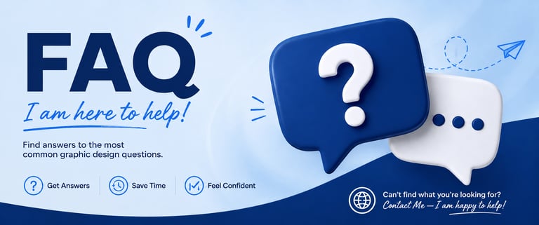 FAQ graphic design help banner with blue 3D speech bubbles and frequently asked questions text.