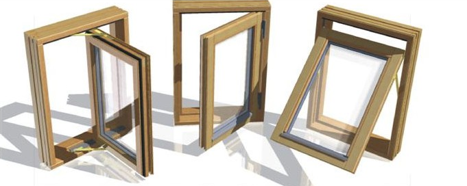 Three wooden casement window frames showing side-hung and top-hung opening mechanisms for home ventilation.