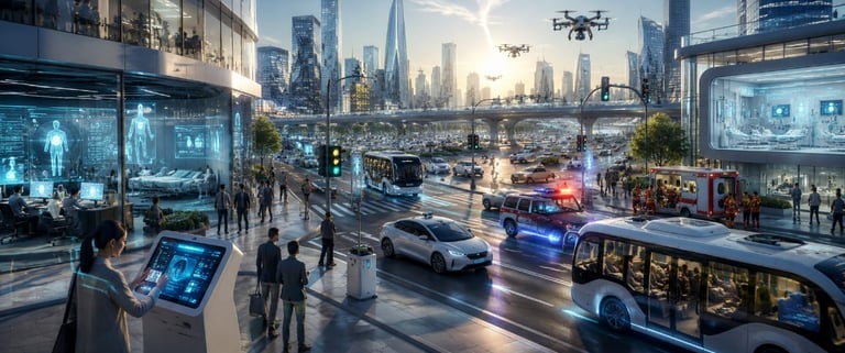 A futuristic smart city featuring autonomous electric buses, flying delivery drones, and high-tech healthcare facilities.