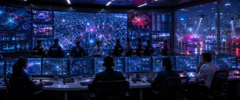 AI-powered emergency response center coordinating police, firefighters, ambulances, and disaster man