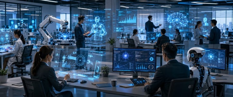 Engineers and AI robots working in a futuristic office with digital hologram displays and neural networks.