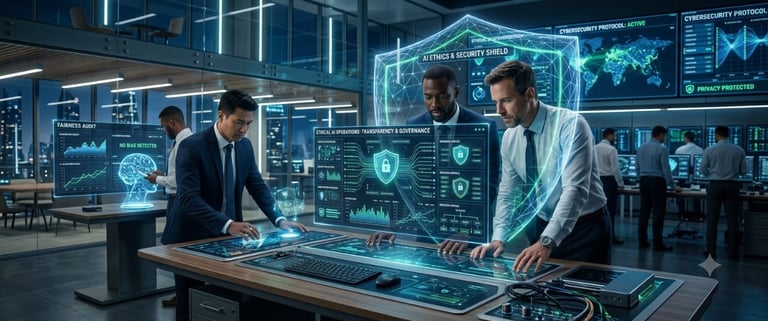 IT professionals monitor ethical AI governance and cybersecurity protocols on digital screens in a high-tech office.
