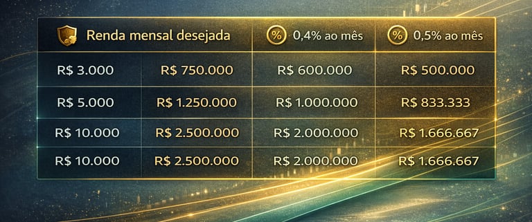 Tabela financeira de renda mensal desejada e investimentos necessários em reais com taxas de juros.