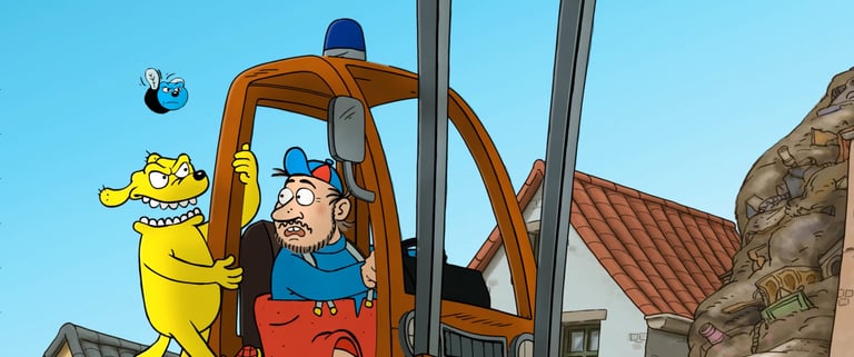 a cartoonish picture of a man in a construction crane